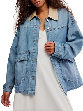 Light Blue Denim Jacket with Tan Collar - Women's Relaxed Jean Jacket